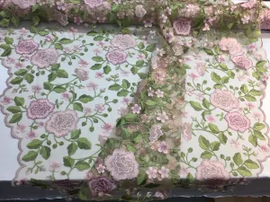 Pink multi color flower garden design embroider on a mesh lace-wedding-bridal-prom-nightgown-decorations-Sold by the yard.
