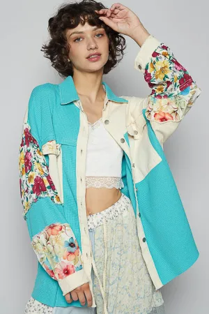POL Aqua/Natural Contrast Floral Shacket (Reg.)