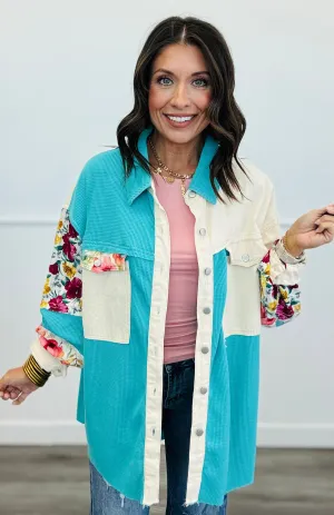 POL Aqua/Natural Contrast Floral Shacket (Reg.)