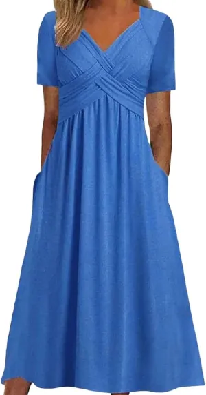 PTOLOCIF Women Fashion Solid Short Sleeve Casual Loose Long Dress with Pockets Womens Plus Size Casual Dresses for Summer