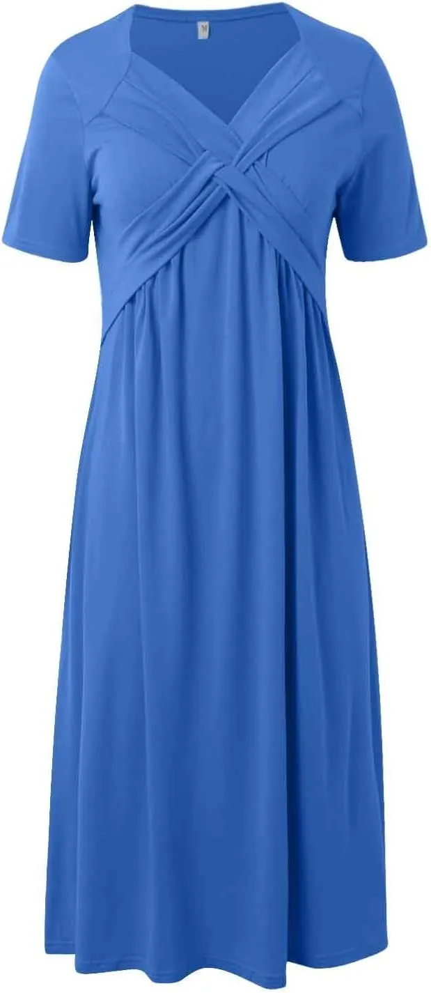 PTOLOCIF Women Fashion Solid Short Sleeve Casual Loose Long Dress with Pockets Womens Plus Size Casual Dresses for Summer