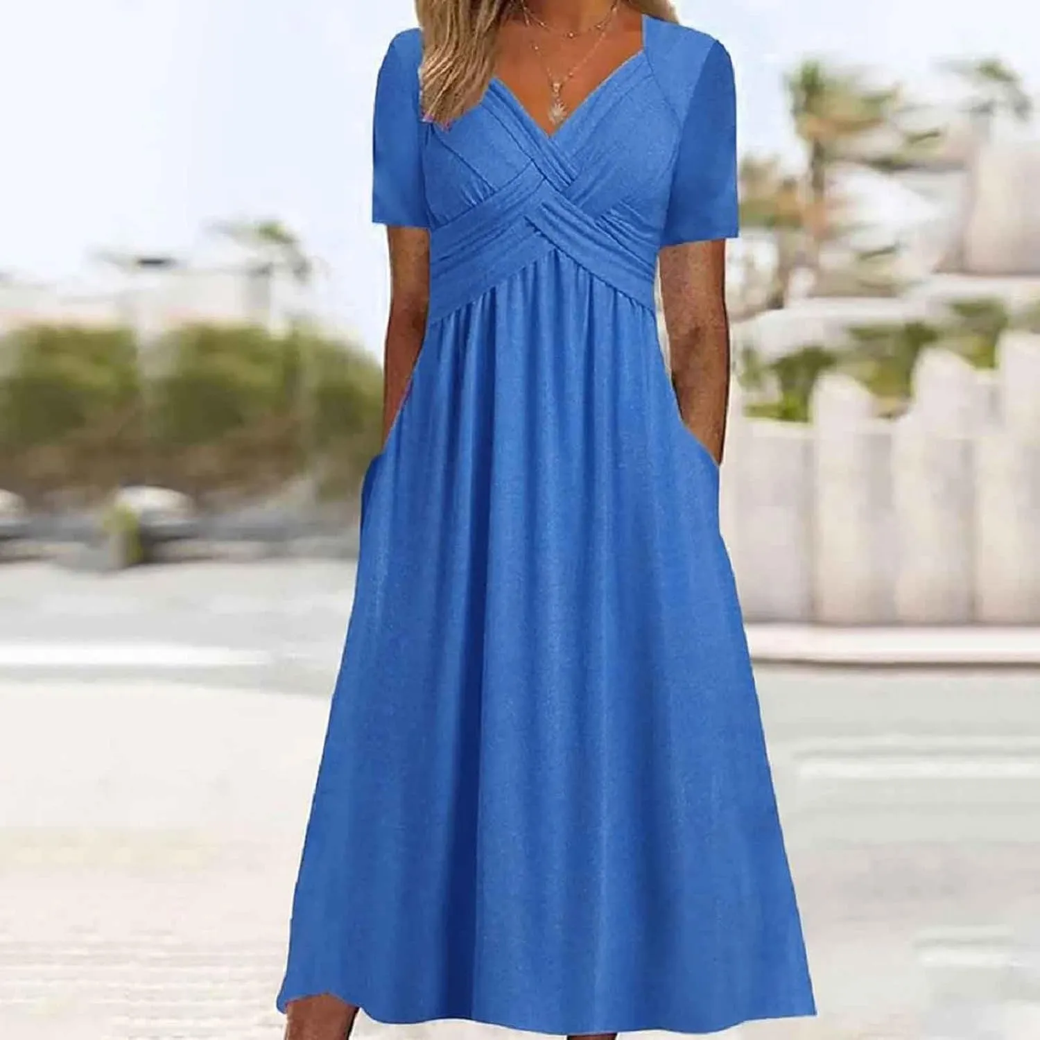PTOLOCIF Women Fashion Solid Short Sleeve Casual Loose Long Dress with Pockets Womens Plus Size Casual Dresses for Summer