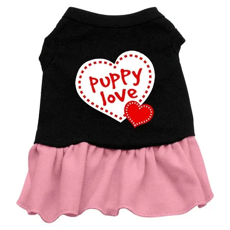 Puppy Love Screen Print Dog Dress Black With Light Pink Sm