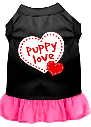 Puppy Love Screen Print Dress Black With Bright Pink Lg