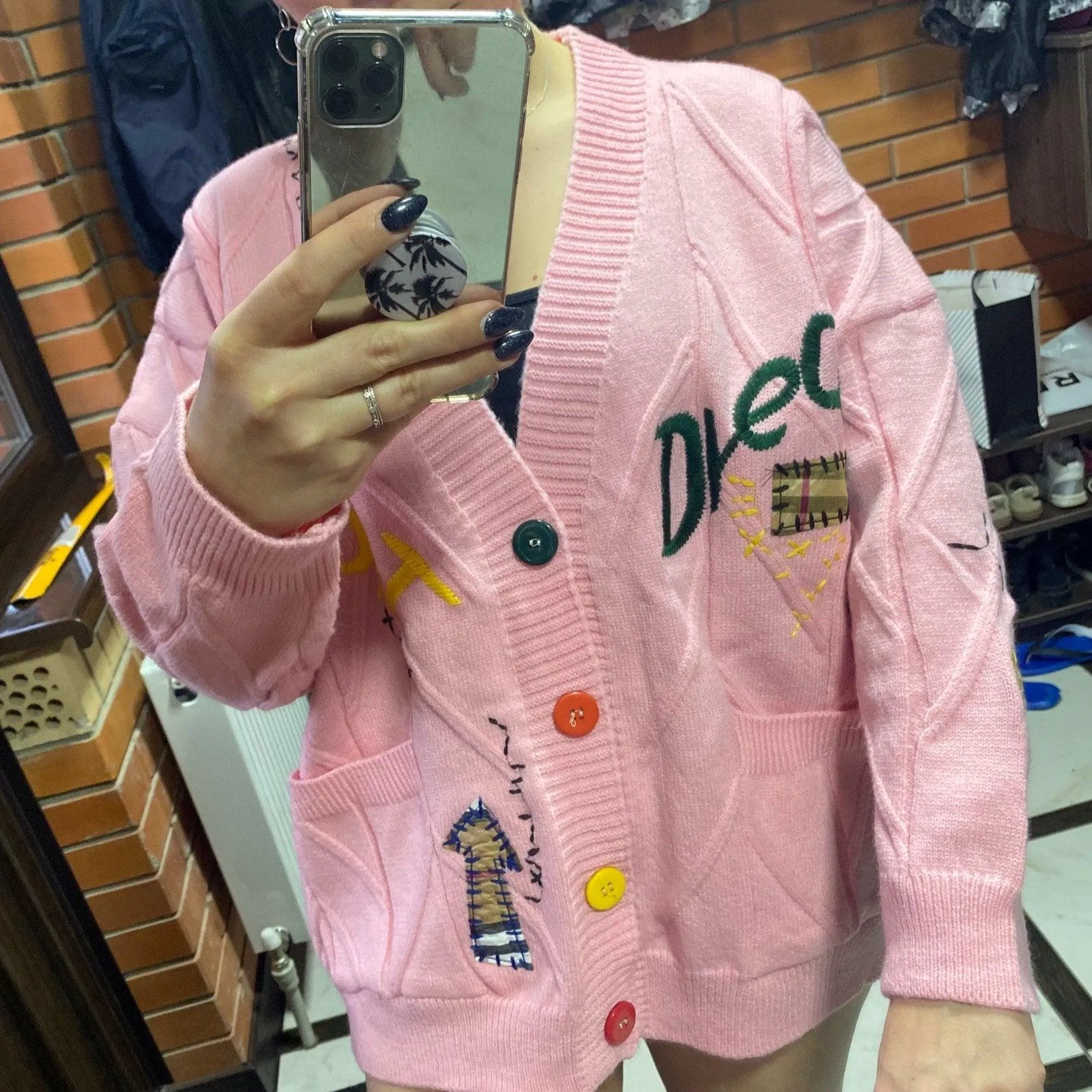 Random Patchwork Women's Cardigan Warm Knitted Sweater Jacket Pockets Embroidery Kawaii Geek Chic Girls Cardigan