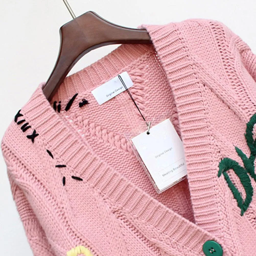 Random Patchwork Women's Cardigan Warm Knitted Sweater Jacket Pockets Embroidery Kawaii Geek Chic Girls Cardigan