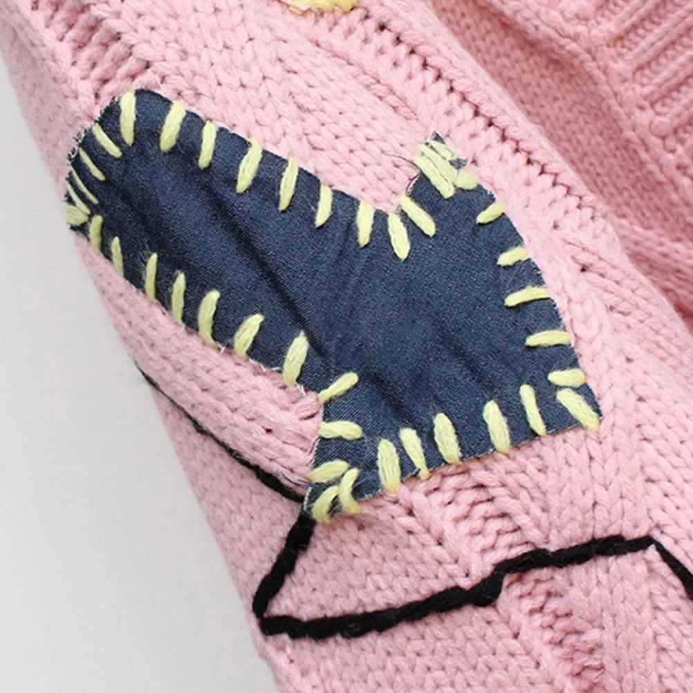 Random Patchwork Women's Cardigan Warm Knitted Sweater Jacket Pockets Embroidery Kawaii Geek Chic Girls Cardigan