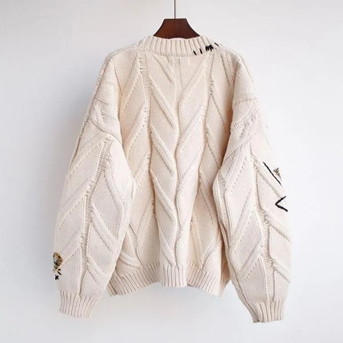 Random Patchwork Women's Cardigan Warm Knitted Sweater Jacket Pockets Embroidery Kawaii Geek Chic Girls Cardigan