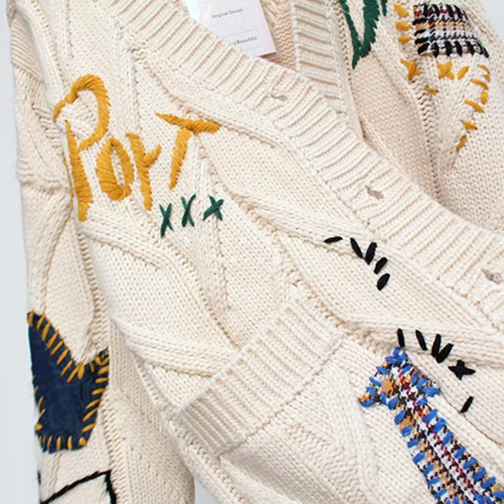 Random Patchwork Women's Cardigan Warm Knitted Sweater Jacket Pockets Embroidery Kawaii Geek Chic Girls Cardigan