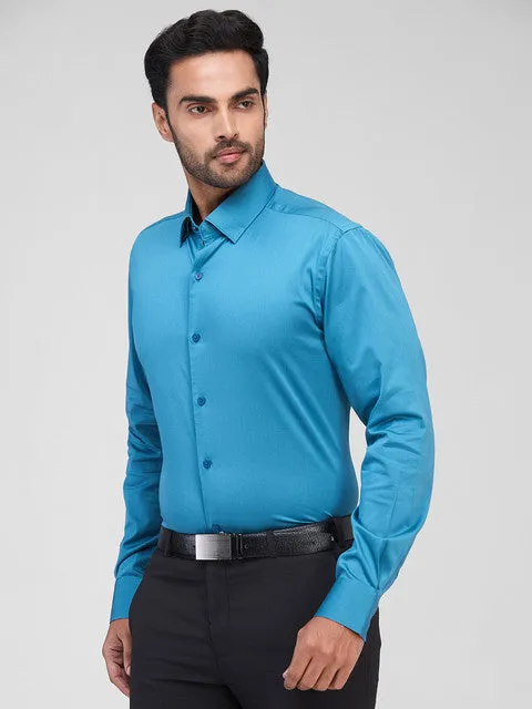 Raymond Men Blue Solid Regular Fit Cotton Blend Formal Shirts