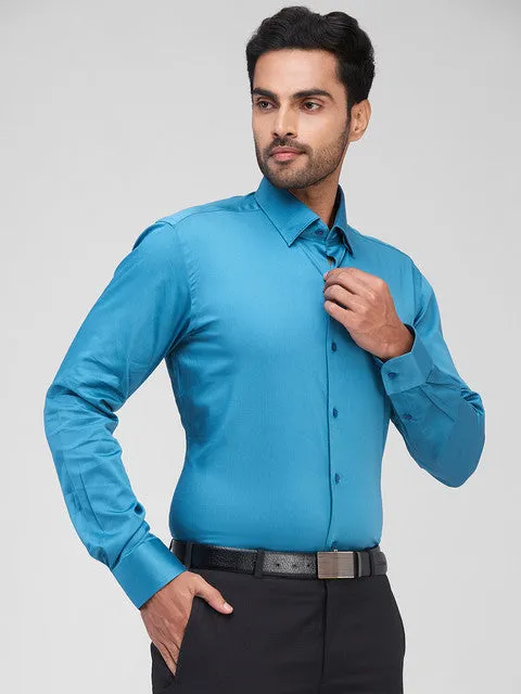 Raymond Men Blue Solid Regular Fit Cotton Blend Formal Shirts