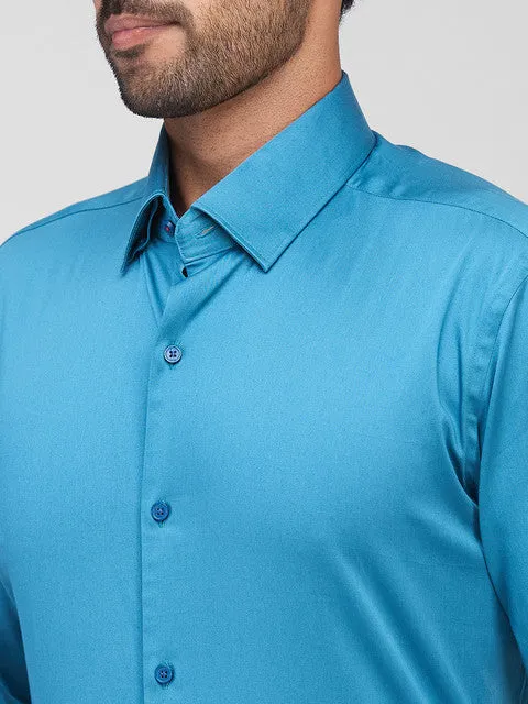 Raymond Men Blue Solid Regular Fit Cotton Blend Formal Shirts