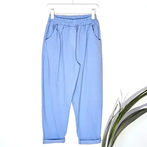 Relaxed super stretch vintage wash trousers with elasticated waist with front and back pockets