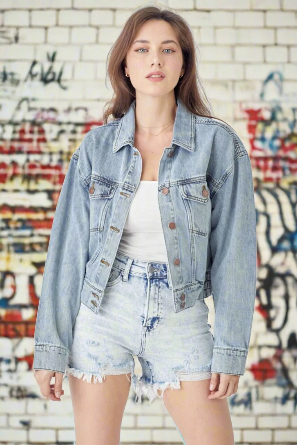 RISEN Vintage Button Down Cropped Denim Jacket