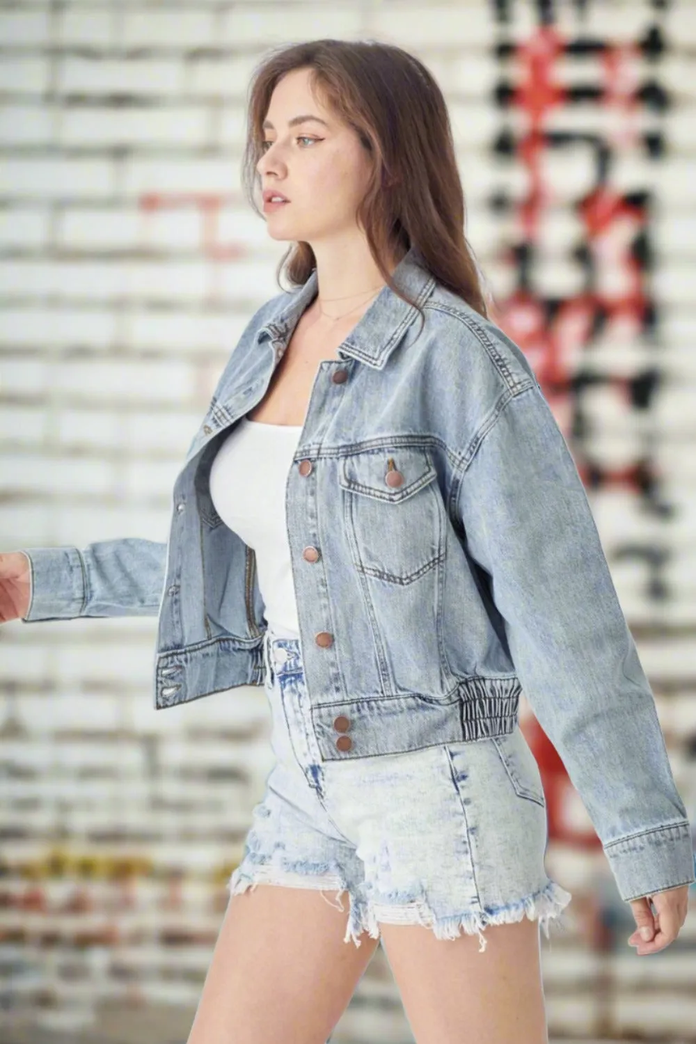 RISEN Vintage Button Down Cropped Denim Jacket