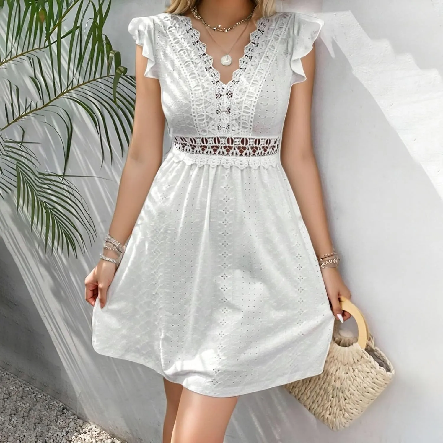 Short Eyelet Dress for Women Vacation Comfy Sleeveless Lace Mini Dresses Cute Prom Summer Outfit for Women 2025