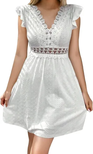 Short Eyelet Dress for Women Vacation Comfy Sleeveless Lace Mini Dresses Cute Prom Summer Outfit for Women 2025