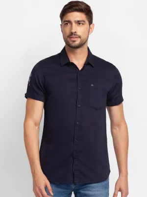 Spykar Navy Blue Cotton Half Sleeve Plain Shirt For Men
