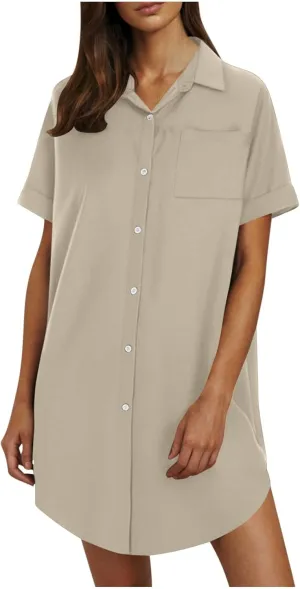 Summer Dresses for Women 2025 Lapel Neck Short Sleeve Shirt Dress Cotton Linen Button Down Mini Dress with Pockets