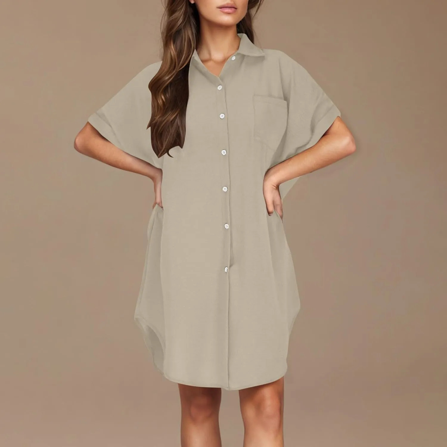 Summer Dresses for Women 2025 Lapel Neck Short Sleeve Shirt Dress Cotton Linen Button Down Mini Dress with Pockets