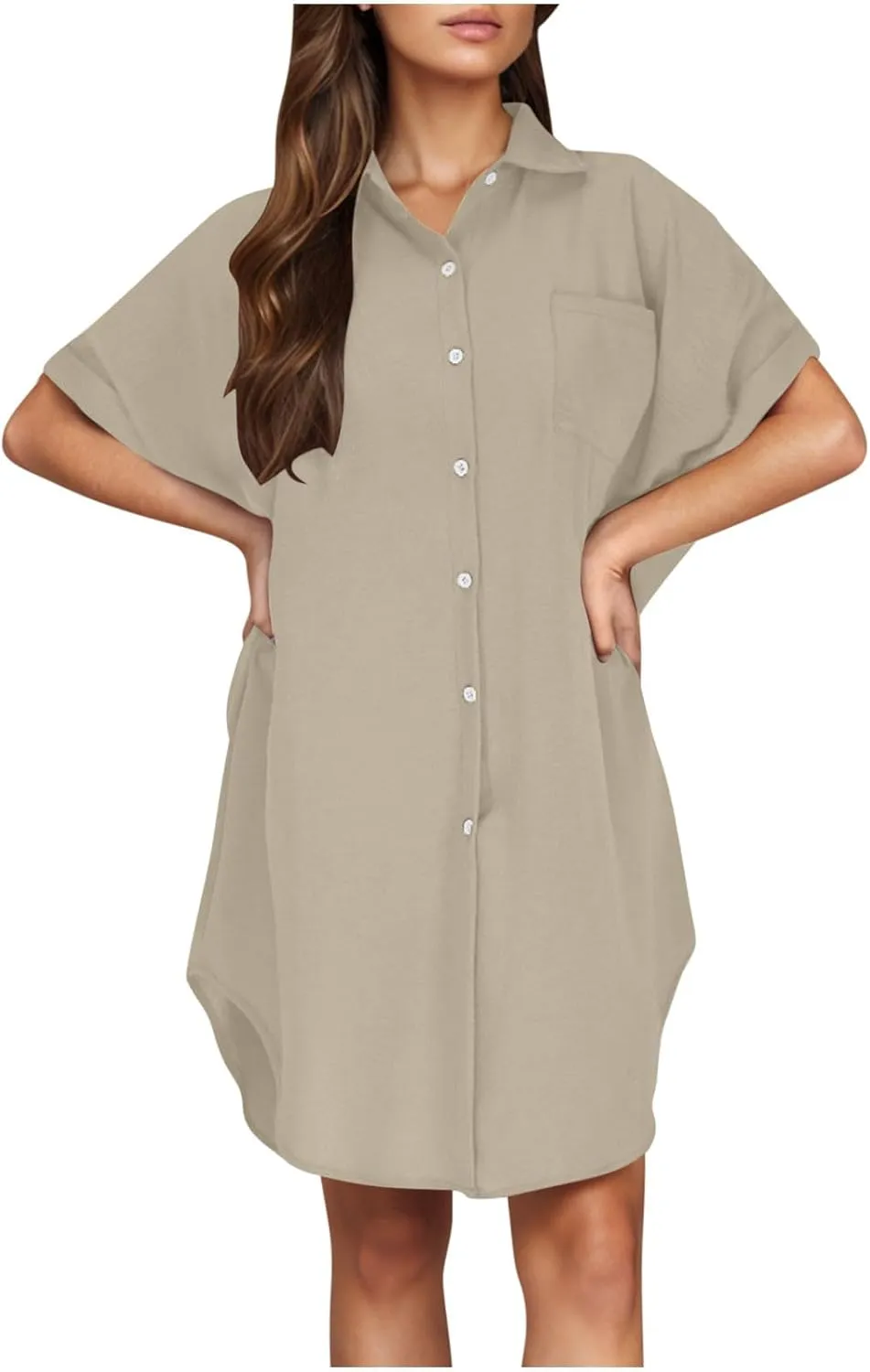 Summer Dresses for Women 2025 Lapel Neck Short Sleeve Shirt Dress Cotton Linen Button Down Mini Dress with Pockets
