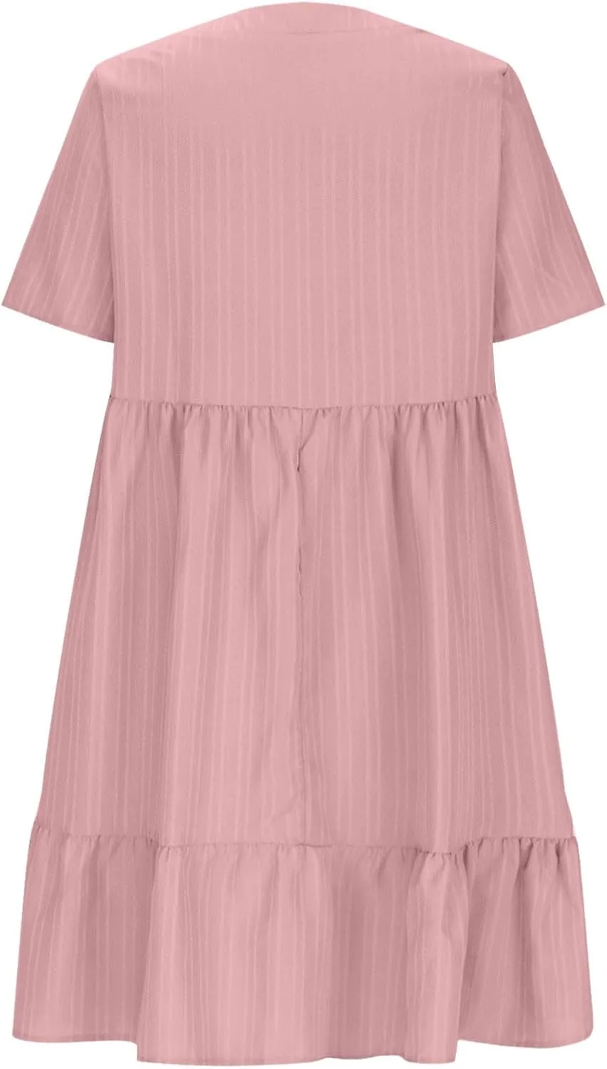 Summer Textured Dresses for Women Short Sleeve V Neck Trendy Sundress Casual Soft Boho Ruffle Dress Beachwear