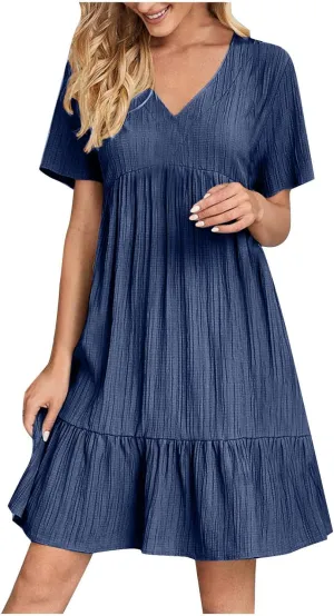 Summer Textured Dresses for Women Short Sleeve V Neck Trendy Sundress Casual Soft Boho Ruffle Dress Beachwear