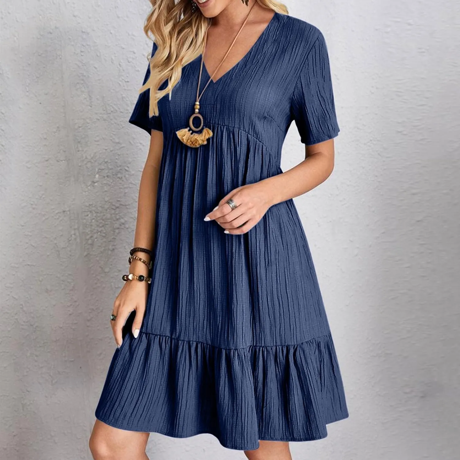 Summer Textured Dresses for Women Short Sleeve V Neck Trendy Sundress Casual Soft Boho Ruffle Dress Beachwear