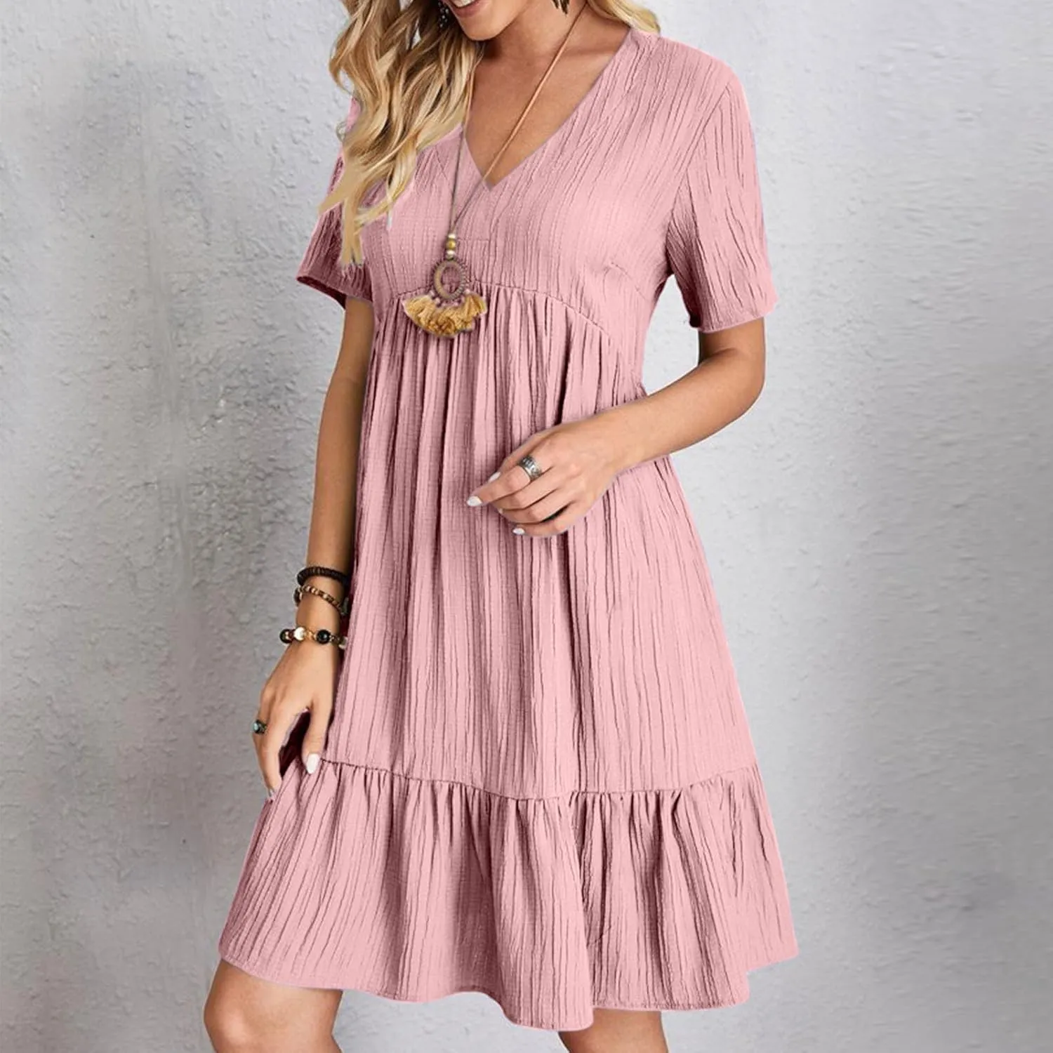 Summer Textured Dresses for Women Short Sleeve V Neck Trendy Sundress Casual Soft Boho Ruffle Dress Beachwear