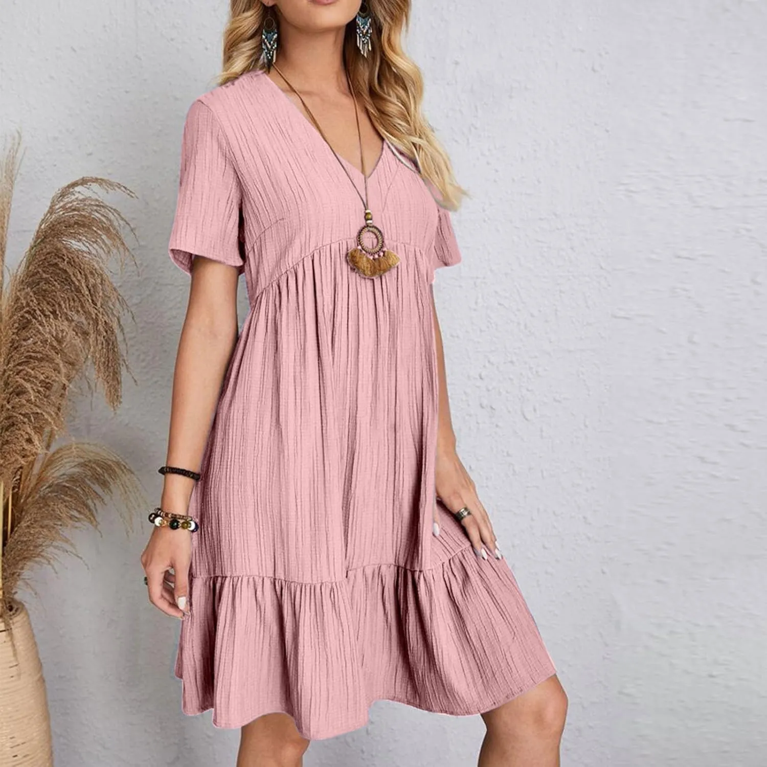Summer Textured Dresses for Women Short Sleeve V Neck Trendy Sundress Casual Soft Boho Ruffle Dress Beachwear