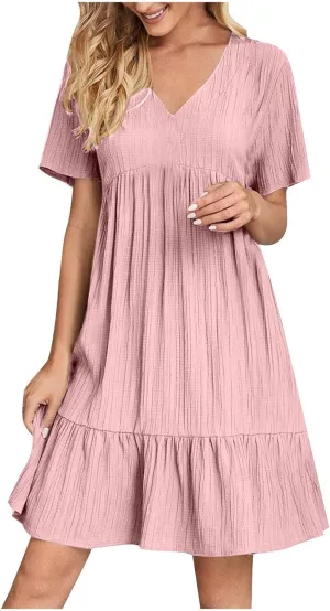 Summer Textured Dresses for Women Short Sleeve V Neck Trendy Sundress Casual Soft Boho Ruffle Dress Beachwear