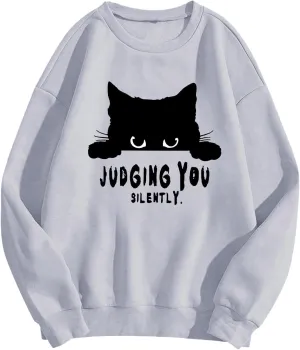 Sweatshirts for Women Loose Fit Funny Cat Print Graphic Hoodie Crew Neck Long Sleeve Oversized Hoodie Fall Trendy