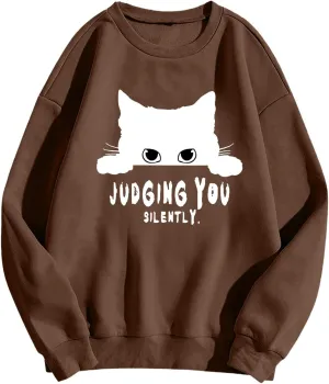 Sweatshirts for Women Loose Fit Funny Cat Print Graphic Hoodie Crew Neck Long Sleeve Oversized Hoodie Fall Trendy