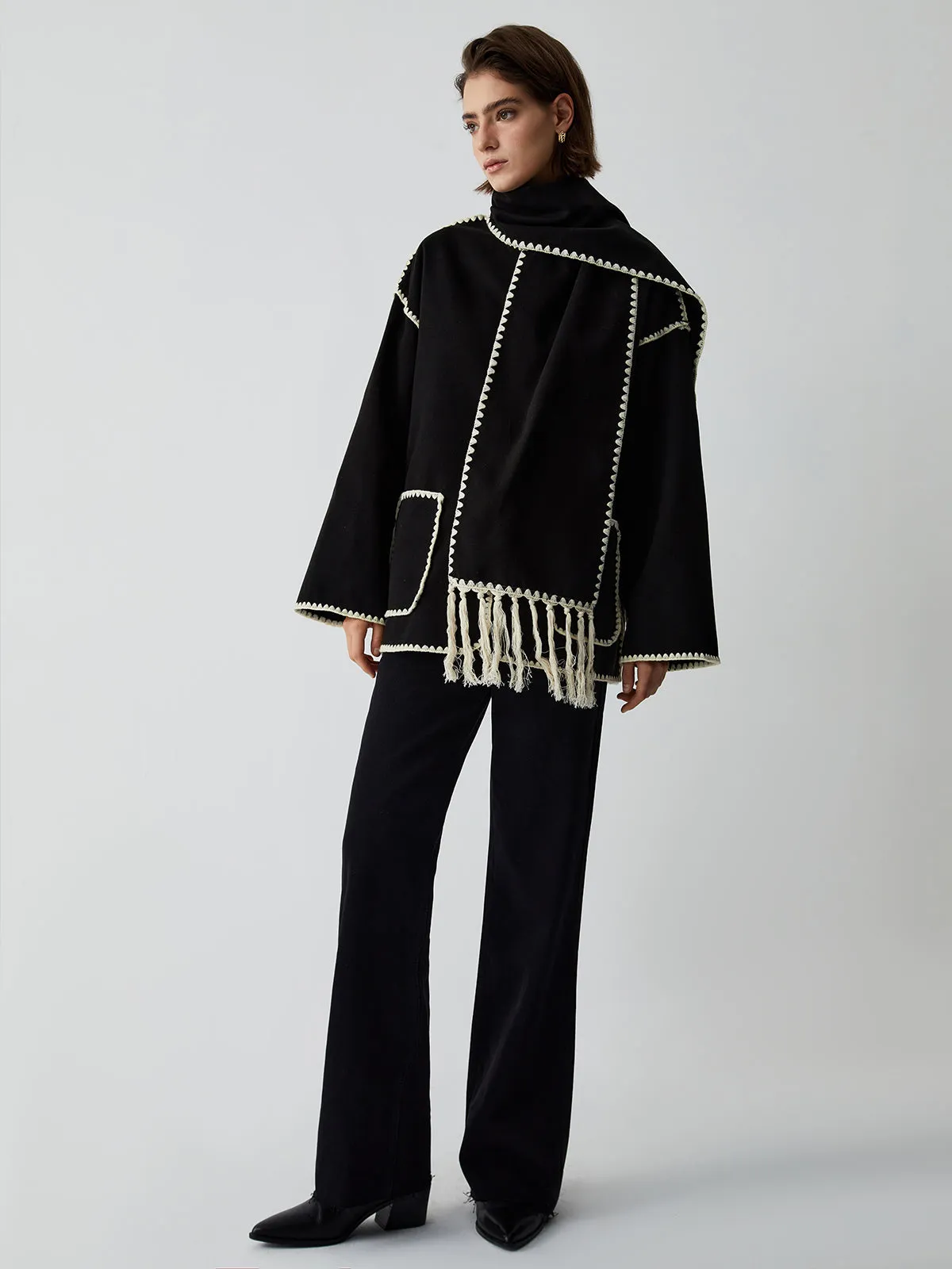 Toleet-Winter and Autumn Outfits Christmas/Thanksgiving_Contrast Trim Jacket Trendy With Matching Scarf