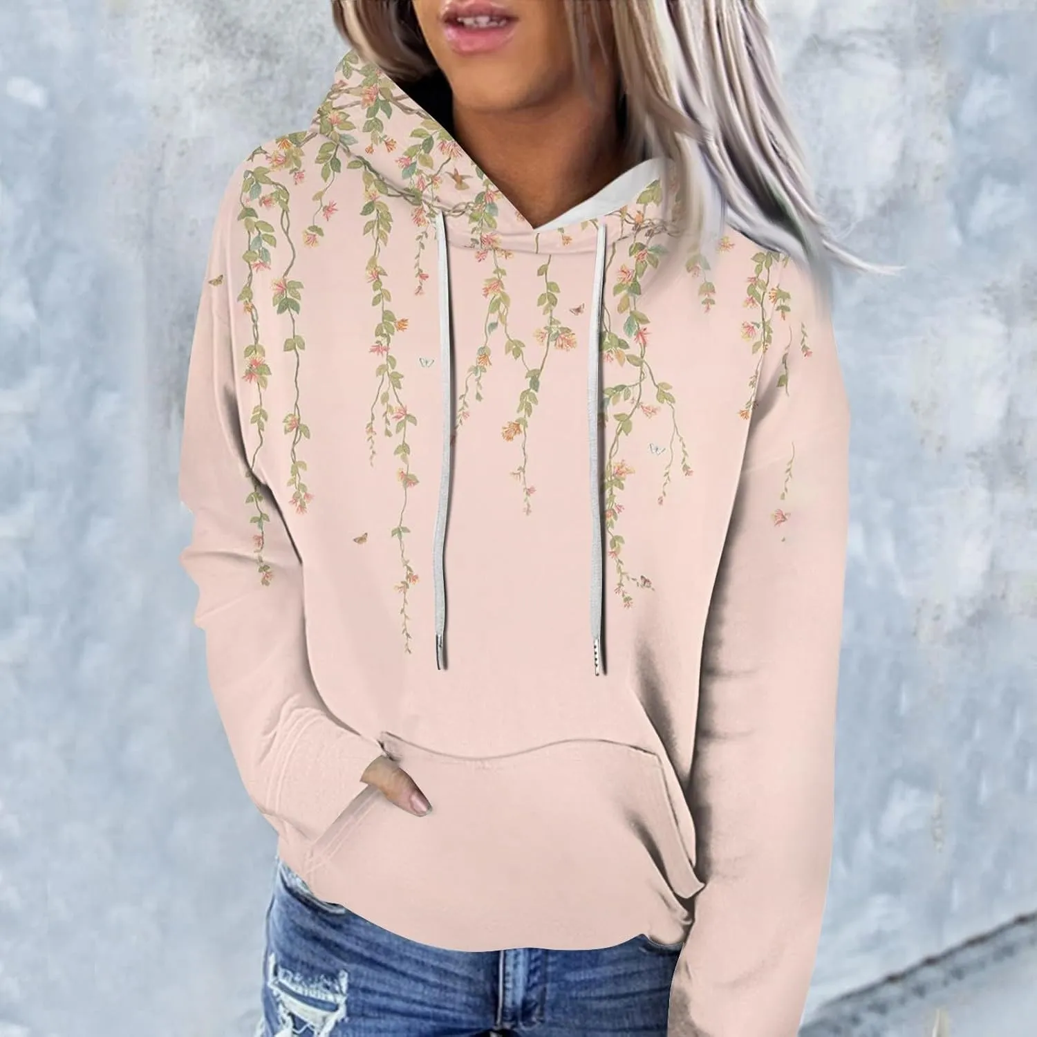 Womens Hoodies Casual Long Sleeve Drawstring Plaid Print Pullover Tops Loose Hooded Sweatshirt with Pocket