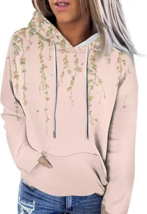 Womens Hoodies Casual Long Sleeve Drawstring Plaid Print Pullover Tops Loose Hooded Sweatshirt with Pocket