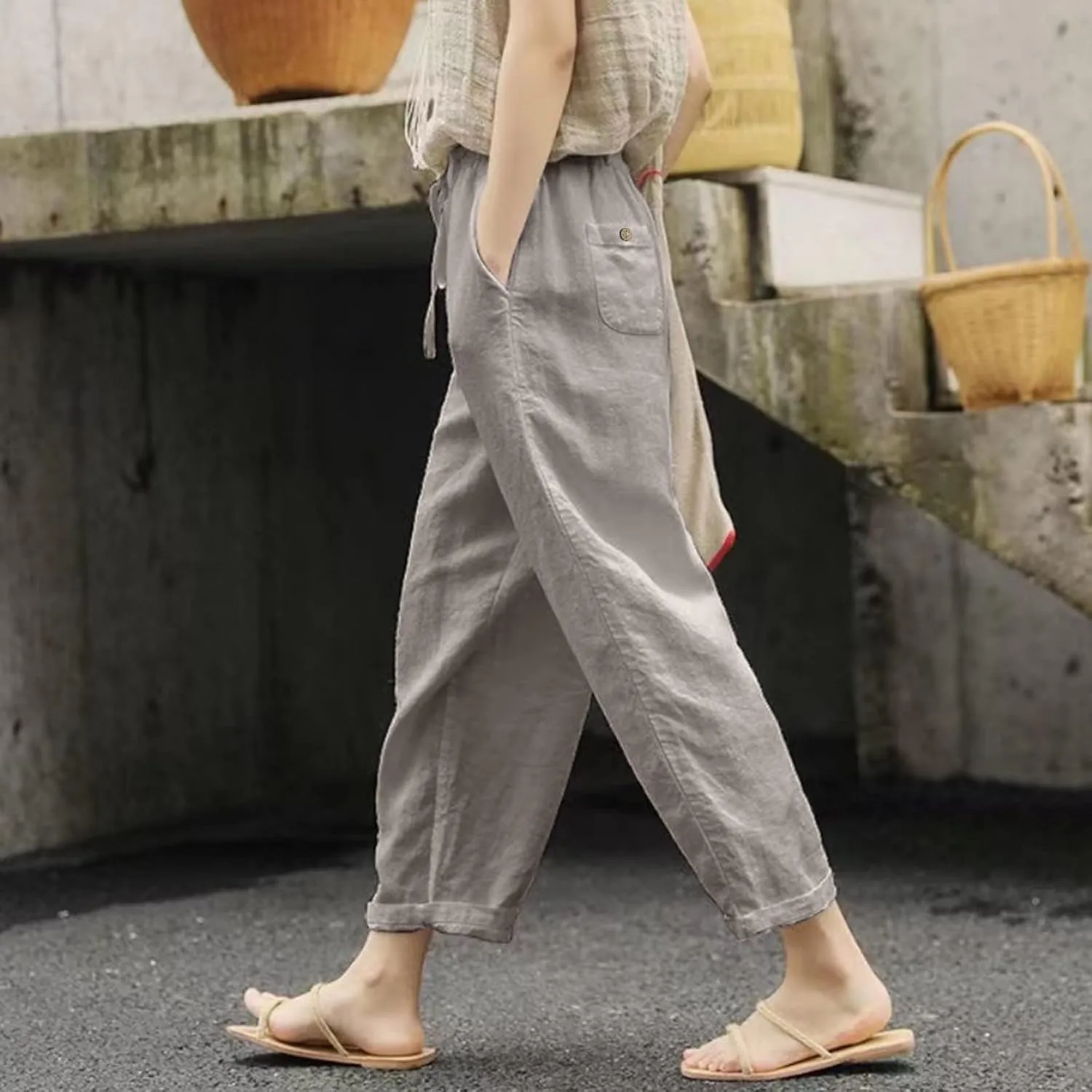 Womens Linen Pants Baggy Casual Summer Boho Straight Leg Solid Color High Waist Linen Pants Straight Trousers with Pockets