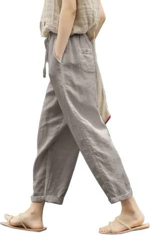 Womens Linen Pants Baggy Casual Summer Boho Straight Leg Solid Color High Waist Linen Pants Straight Trousers with Pockets