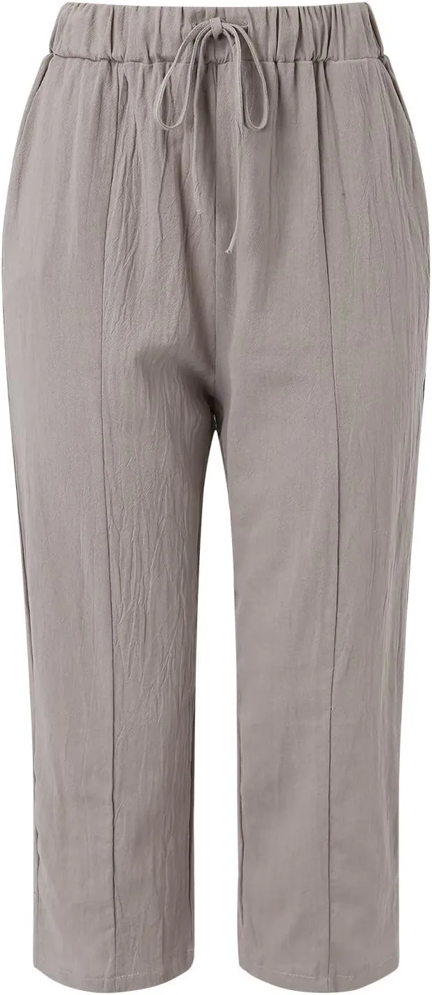 Womens Linen Pants Baggy Casual Summer Boho Straight Leg Solid Color High Waist Linen Pants Straight Trousers with Pockets