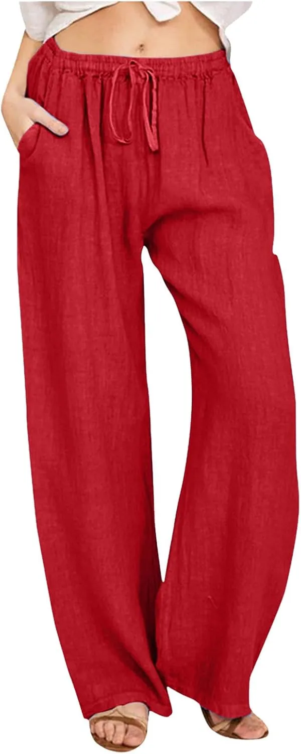 Womens Linen Pants Casual Summer Loose Fit Solid Color Boho Plus Size High Waist Linen Pants Cotton Comfy Lounge Trousers