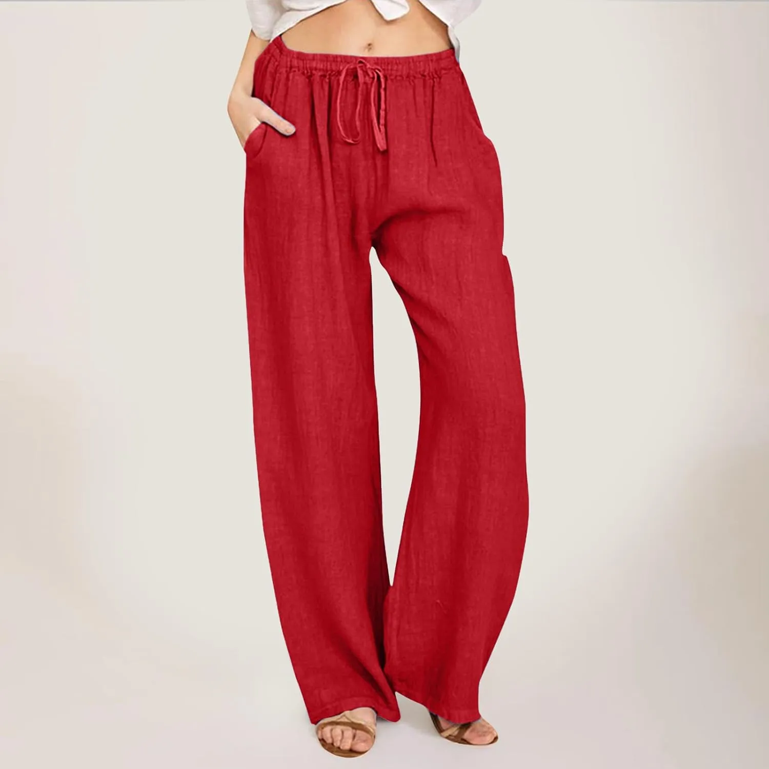 Womens Linen Pants Casual Summer Loose Fit Solid Color Boho Plus Size High Waist Linen Pants Cotton Comfy Lounge Trousers