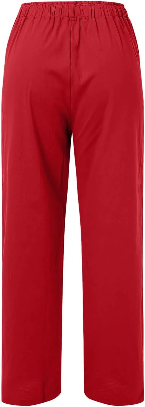 Womens Linen Pants Casual Summer Loose Fit Solid Color Boho Plus Size High Waist Linen Pants Cotton Comfy Lounge Trousers