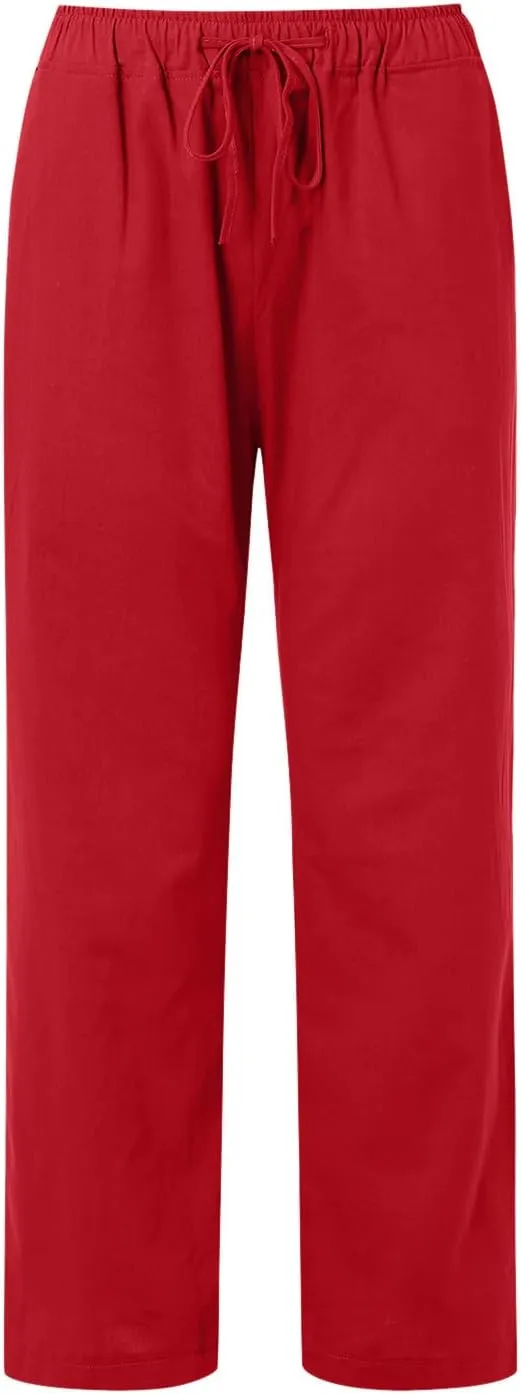 Womens Linen Pants Casual Summer Loose Fit Solid Color Boho Plus Size High Waist Linen Pants Cotton Comfy Lounge Trousers