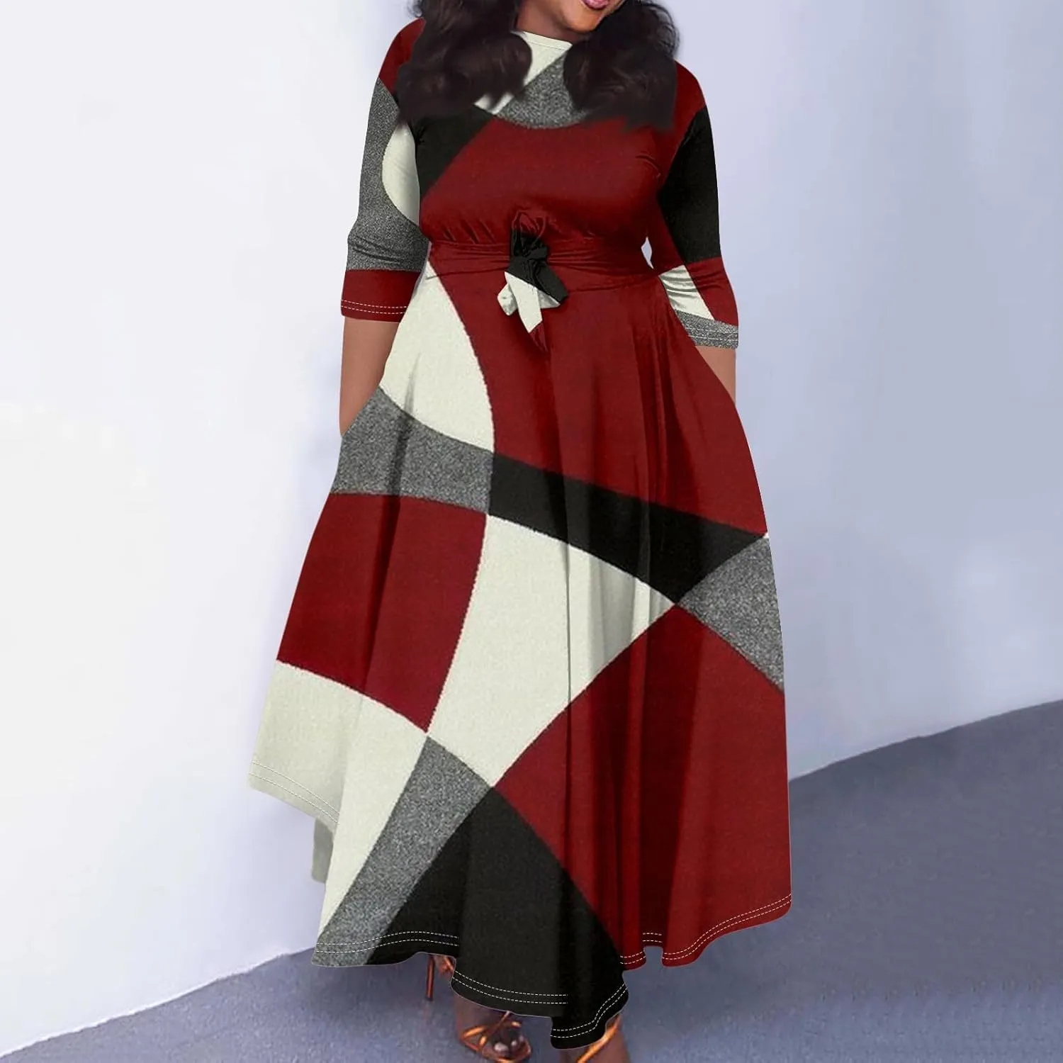 Women's Summer Casual Loose Trendy Crew Neck 3/4 Sleeve Solid Floral Print Maxi Dresses 2025 Plus Size, XL-5XL