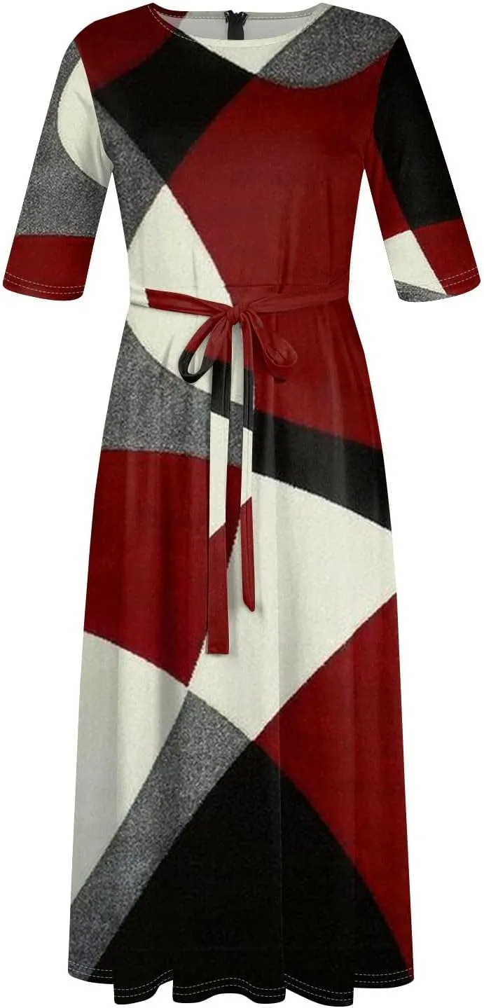 Women's Summer Casual Loose Trendy Crew Neck 3/4 Sleeve Solid Floral Print Maxi Dresses 2025 Plus Size, XL-5XL