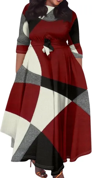 Women's Summer Casual Loose Trendy Crew Neck 3/4 Sleeve Solid Floral Print Maxi Dresses 2025 Plus Size, XL-5XL