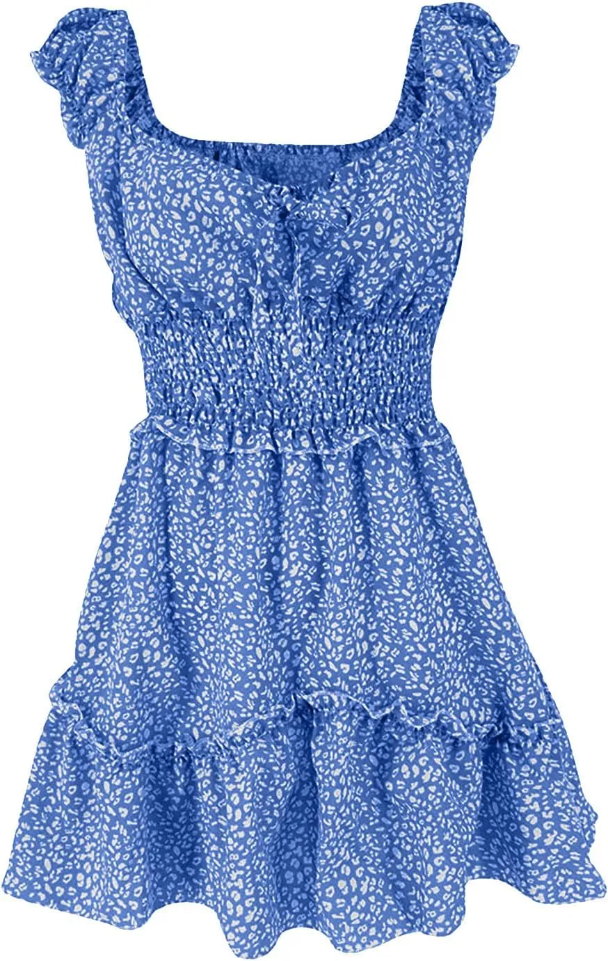 Womens Summer Dress Ruffle Sleeve Sweetheart Neckline Printing Mini Dresses Dressy Boho Vacation Sundress S-XXL