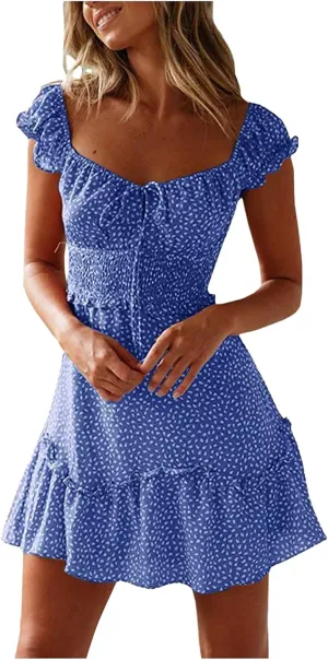 Womens Summer Dress Ruffle Sleeve Sweetheart Neckline Printing Mini Dresses Dressy Boho Vacation Sundress S-XXL