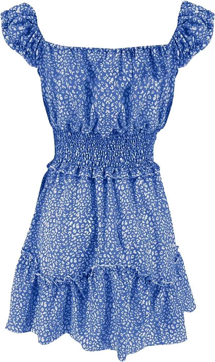 Womens Summer Dress Ruffle Sleeve Sweetheart Neckline Printing Mini Dresses Dressy Boho Vacation Sundress S-XXL