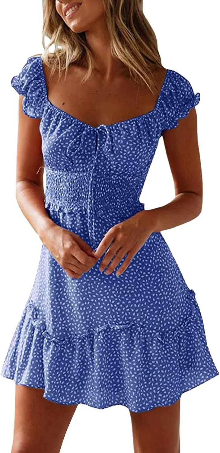 Womens Summer Dress Ruffle Sleeve Sweetheart Neckline Printing Mini Dresses Dressy Boho Vacation Sundress S-XXL